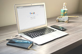 MacBook air, dřevěný, stůl, macbook, vzduch, horní, hnědý, laptop, počítač, technologie, kancelář