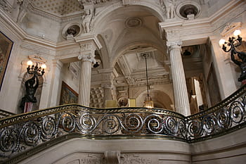 empty, gray, scrolled handrails, château de chantilly, handrail, staircase, france