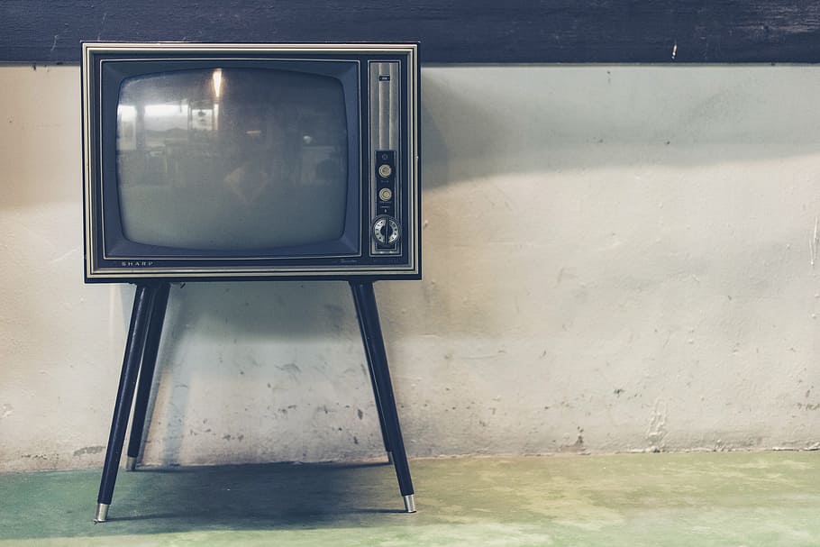 black crt tv, sharp, television, tv, vintage, wall