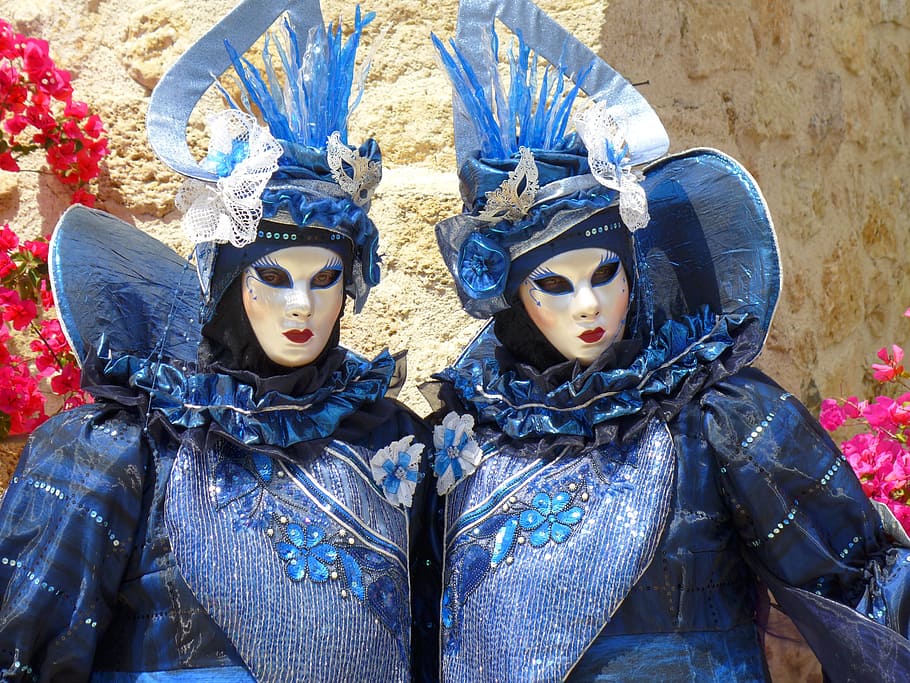 Masks, Couple, Venice, couple blue, mask of venice, headwear, helmet, two people, adult, people, standing