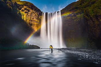 rainbow, Waterfalls, Iceland, nature, adventure, landscape, waterfall, water, outdoors, river, beauty In Nature