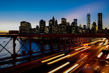 bridge, lights, city, vehicle, road, cars, traffic, buildings, clouds, water, river