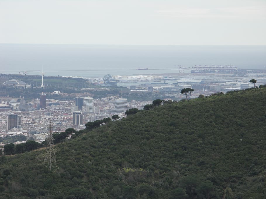 barcelona, ​​dari, horizon, lihat, lanskap, hutan, taman, pohon, kota, pelabuhan
