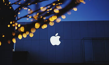 bílý, logo společnosti Apple, jablko, bokeh, budova, světla, loga, svítí, noc, osvětlovací zařízení, závěsný