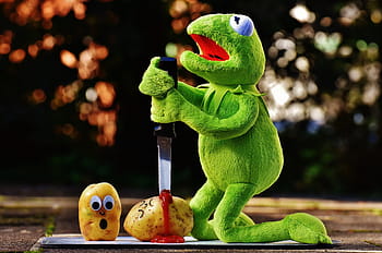 brambory, nůž, kečup, krev, vražda, legrační, kermit, žába, roztomilý, zábava, zelená