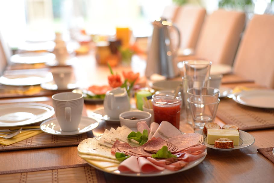 breakfast, cold cuts, table, eat, meal, cover, board, cutlery