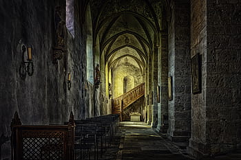 monastère, une abbaye, cloître, église, gang, foncé, moyen Âge, architecture, religion, pierre, historiquement