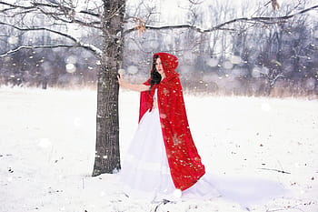 red, riding, hood, snowfield, woman, pretty, happy, girl, winter, snow, white