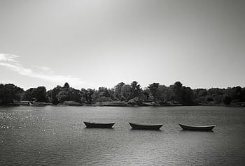 grayscale photography, three, boats, body, water, grayscale, photography, middle, lake, day, time