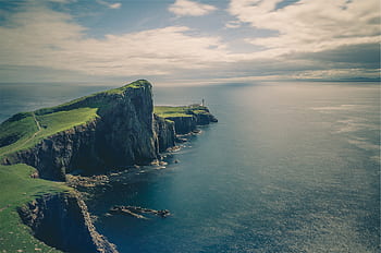 ocean, sea, coast, water, cliffs, rocks, sky, clouds, grass