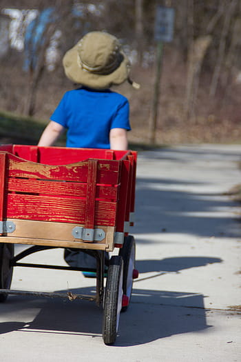 boy, wagon, outdoor, childhood, unplugged, child, play, retro