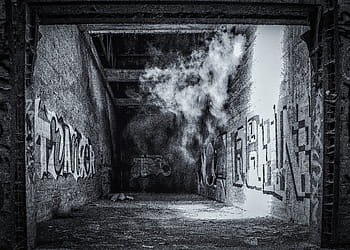 grayscale photo, graphite wall, space, hall, pforphoto, lost places, dust, dirt, underground, empty, leave