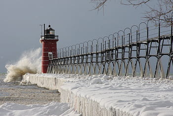 michigan, south haven, pier, lake michigan, lighthouse, frozen, coastal, maritime, ice, sea, beacon