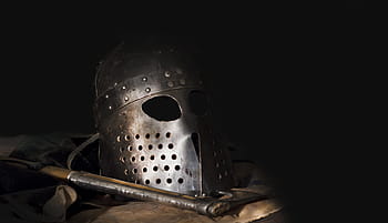 gray, knight helmet, battle axe, helmet, axe, vikings, tool, armor, history