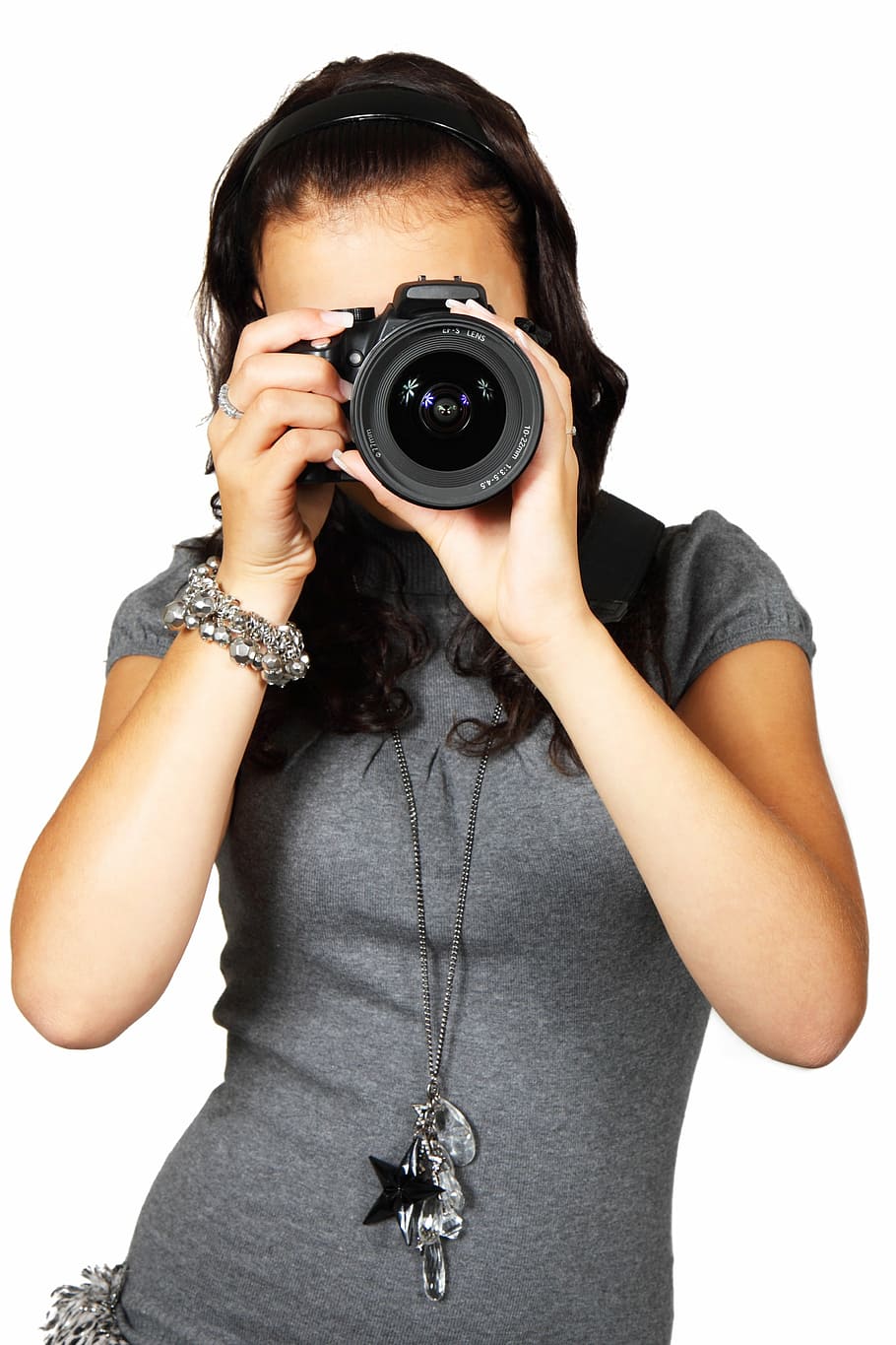 žena, hospodářství, dslr, přijímání, fotografie, Fotoaparát, digitální, zařízení, ženský, dívka, izolovaný