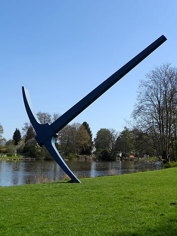 pickaxe, sculpture, documenta, kassel, fulda shore, river, meadow, plastic, artwork, subject, landscape
