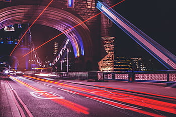 car light trails, Traffic, car, light, trails, Tower Bridge, London, urban, night, street, transportation