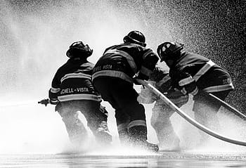 grayscale photo, firefighter, holding, fire hose, sonoma, water, fire, spray, splash, hose, pressure