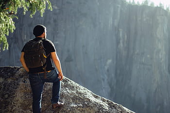 man, standing, cliff, daytime, nature, mountains, trees, people, guy, travel, hiking