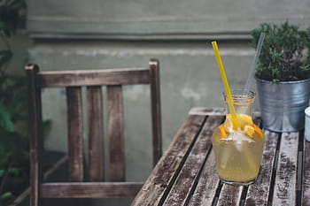 limonáda, dřevěný, lavice, mimo, oranžový, napít se, dřevo, dřevo - materiál, letní, nikdo, zaměřit se na popředí