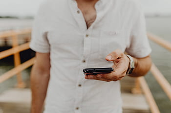 ponsel, telepon, tangan, pria, layar, teknologi, smartphone, menggunakan, danau
