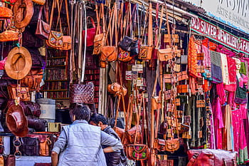 Černá, Červené, noční obchod, během dne, trh, kůže, nakupování, tašky, barvitý, hnědý, udaipur