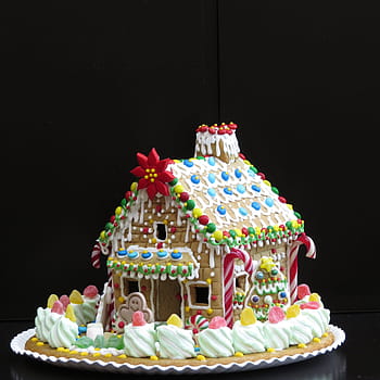 tarka ház torta, fehér, sárga ház, miniatűr, torta, felsők, mézeskalács ház, karácsonyi sütemények, dekoráció, a felek, cukorka