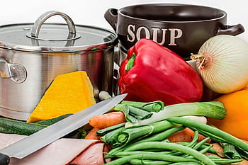diverse kruiden, soep, groenten, pot, koken, voedsel, gezond, wortel, ui, kom, dieet