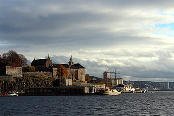 oslo, norway, port, oslofjord, city, clouds, travel, holiday, scandinavia, fortress, akershus