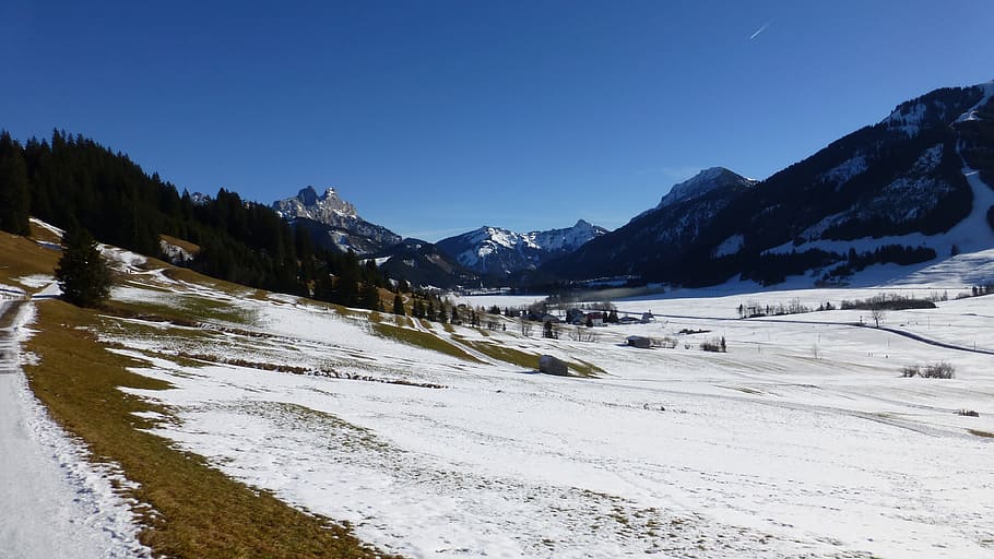Tyrolsko, tannheimer tal, červená flüh, gimpel, panoráma, zimní, sníh