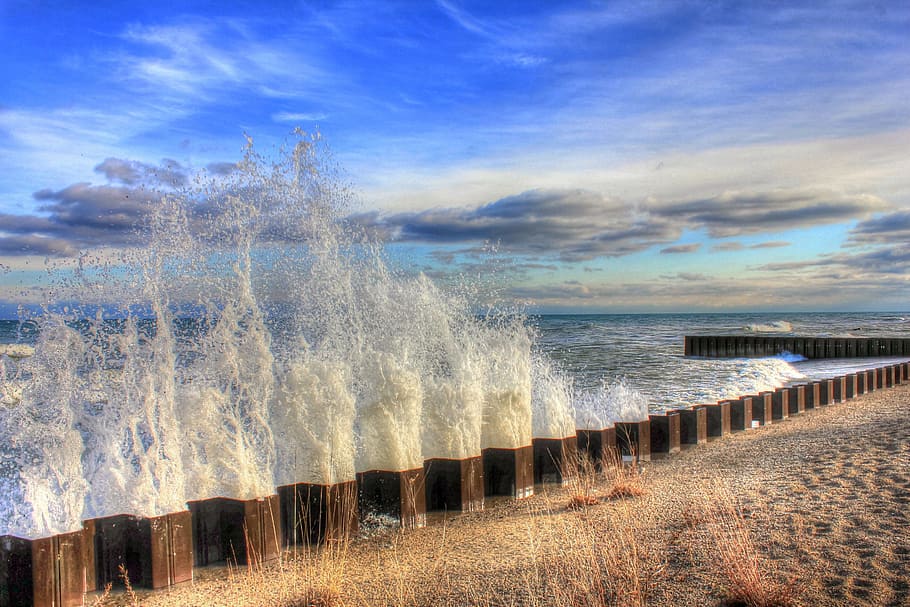 Beach, Usa, Illinois, illnois beach state park, water, splashes, waves, nature, sea, sky, waterbreak