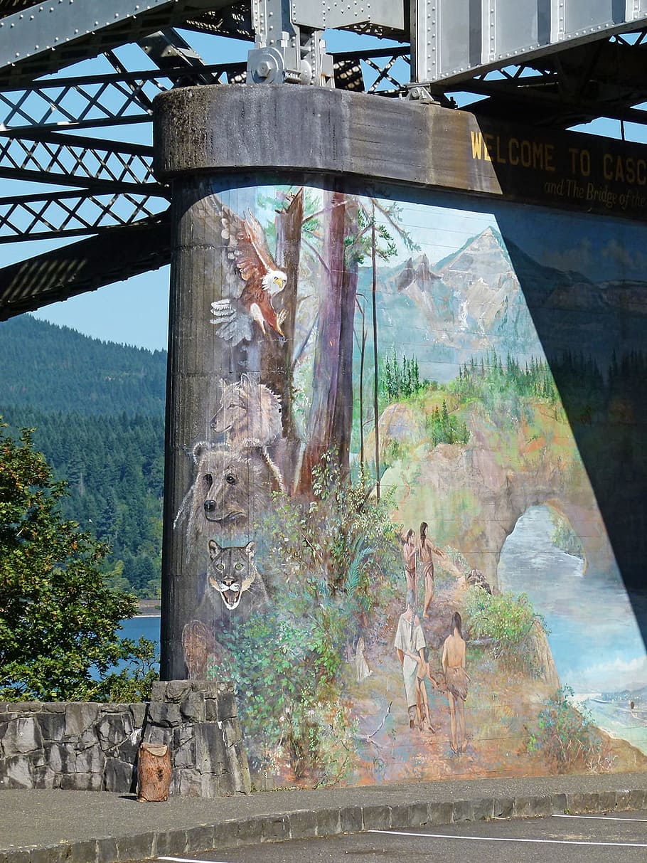 most molo, malované, umělecká díla, budova, most boha, oregon, usa, řeka columbia, strom, den, nikdo