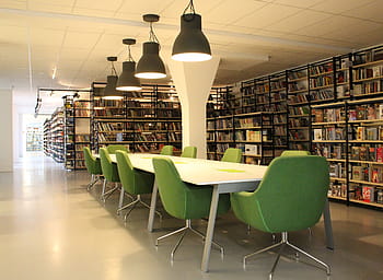 rectangular, white, wooden, table, chairs, library, books, corridor, culture, shelves, armchair