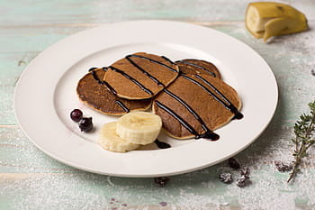 plate, pancakes, chocolate syrup, sliced, banana, food, hash browns, tasty, food and drink, sweet food, indulgence