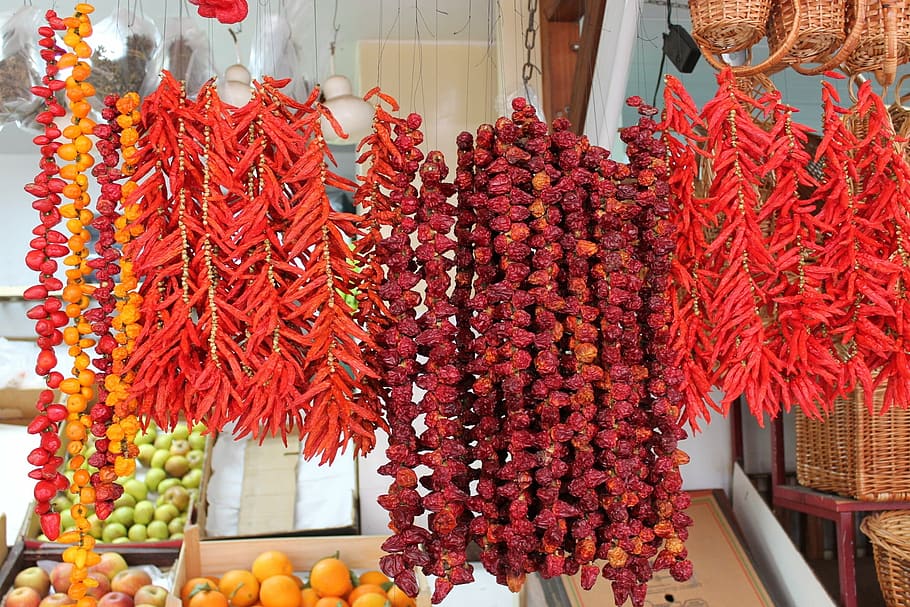 madeira, funchal, koření, chilis, ostrý, suší se, trh, jídlo