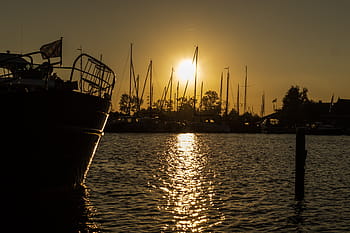 silhouette, bateau, flottant, calme, corps, eau, voile, bateaux, voiliers, port, le coucher du soleil