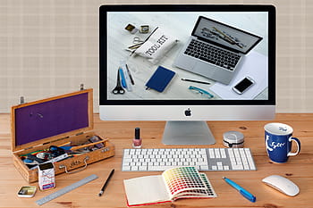 notebook, přední, imac, pracoviště, plocha počítače, tvořivý, počítač, maketa, mac, jablko, design