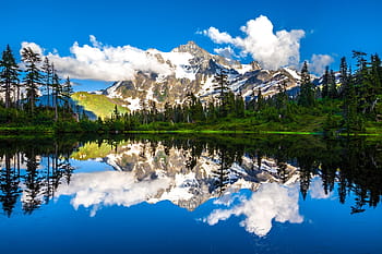 picture lake, reflection, clouds, sky, mountains, mt shukshan, calm, scenic, park, range, peaceful