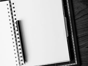 closeup, open, notebook, pen, empty, white, note book, black, table, blank, desk