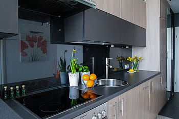 Černá, mramorový top kuchyňský stůl, šedá, dřevěný, základní skříňky, byt, pokoj, místnost, Dům, bytový interiér, Vzhled interiéru, dekorace