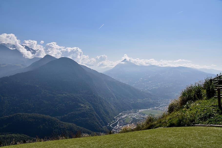 paragliding, kluzáku, panoramatický výhled, horské vesnice, let v horách, věčný sníh, počasí, tepelný, vítr, horské krajiny, vysoce savoie