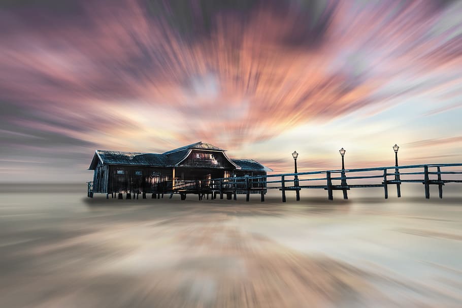 negro, madera, fotografía de timelapse del astillero, mar, lago, agua, naturaleza, casa de pescadores, puesta de sol, abendstimmung, choza