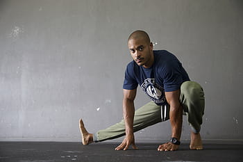 men, blue, white, t-shirt, gray, pants, stretching, flexibility, fitness, exercise, workout