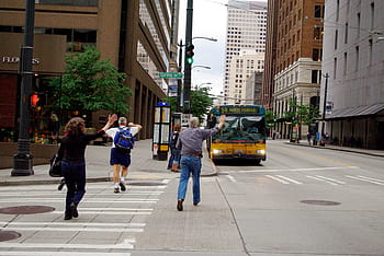 autobus, seattle, běh, pozdě, zastavení, v centru města, autobusová zastávka, dojíždět, ulice, lidé, městské scény