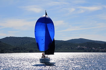 blue, white, sail, boat sailing, daytime, sailing boat, sailing vessel, ship, boat mast, boot, port