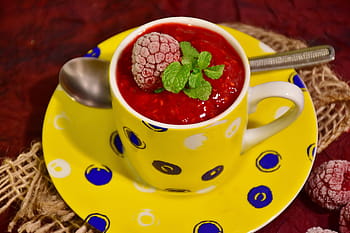 yellow-and-blue, ceramic, mug, saucer, brass-colored spoon, Raspberries, Sorbet, Raspberry, raspberry sorbet, dessert, benefit from