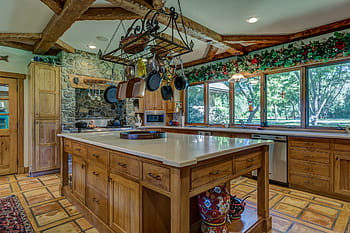 rectangular, brown, gray, wooden, table, inside, kitchen, furniture, house, indoors, room