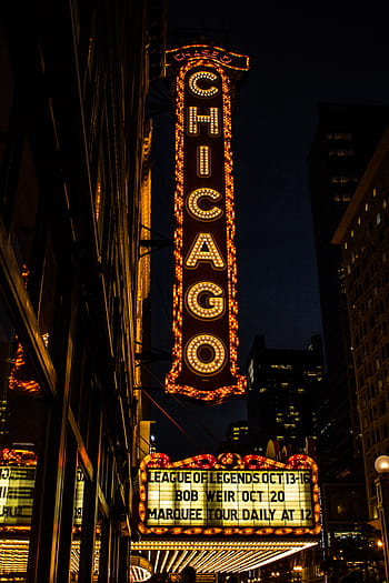 chicago building, nigh, time, chicago, lighted, signage, nighttime, night, dark, lights, building