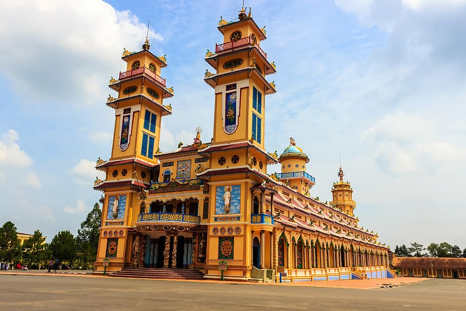 brown cathedral, the temple, vietnam, the city, asia, religion, cao dai, the symbol, yellow, the church, the monastery