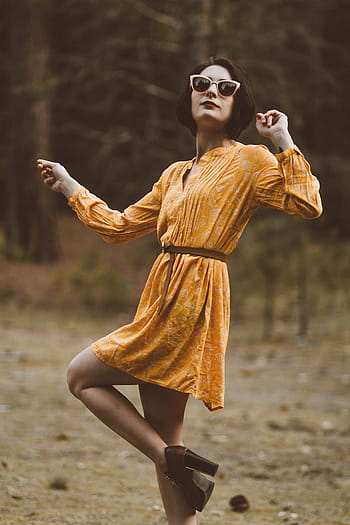 focus photography, woman, trees, people, fashion, yellow, dress, nature, woods, forest, shades